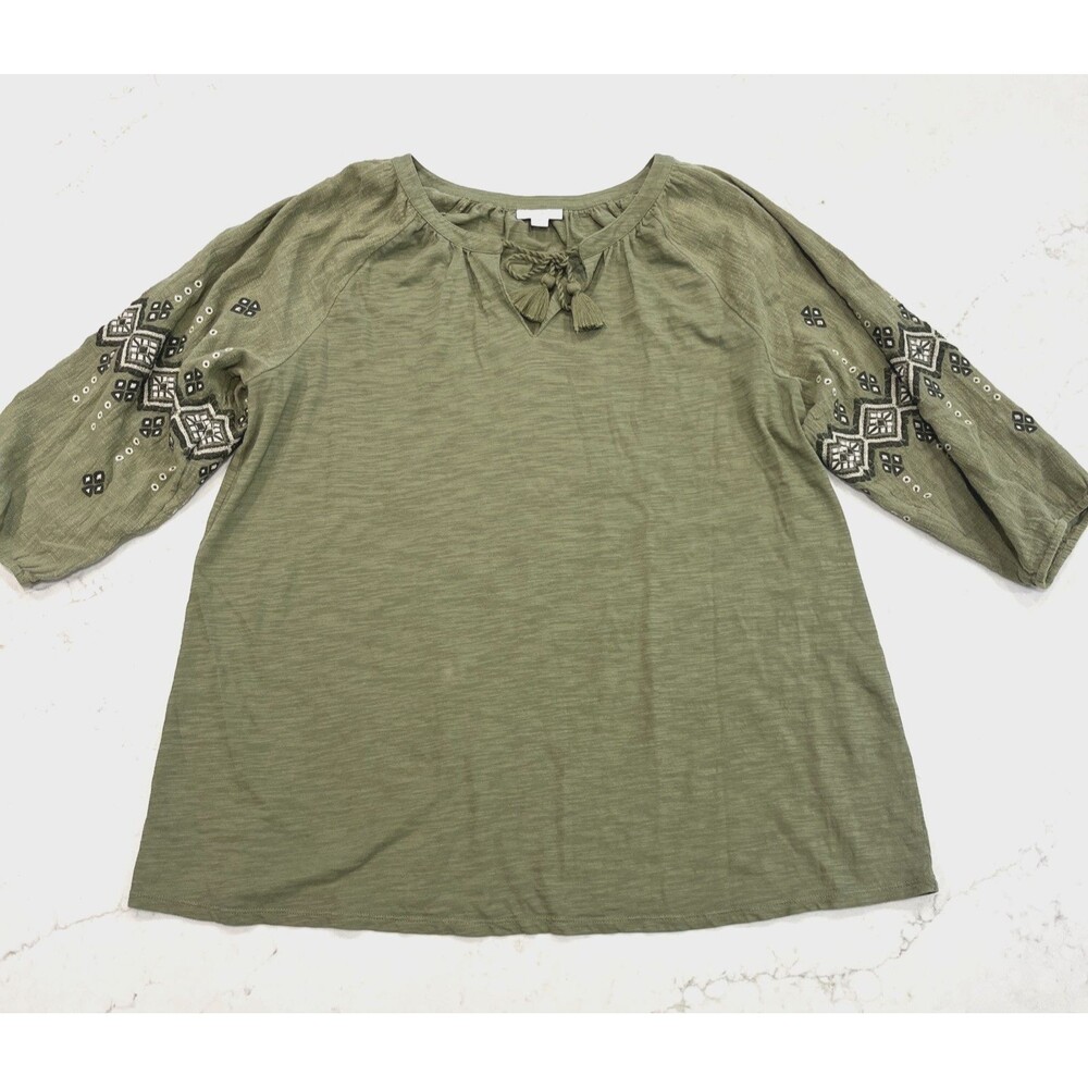 J‎ Jill Top Womens Large Green Shirt 3/4 Sleeve Embroidered Boho Peasant Tassel